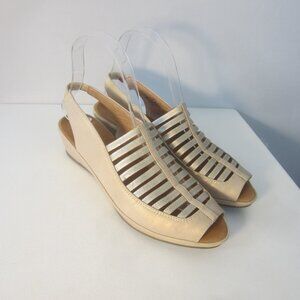 Gentle Souls Women 7  Liliana Caged Gold Leather Lattice Peep Toe Wedge Sandals